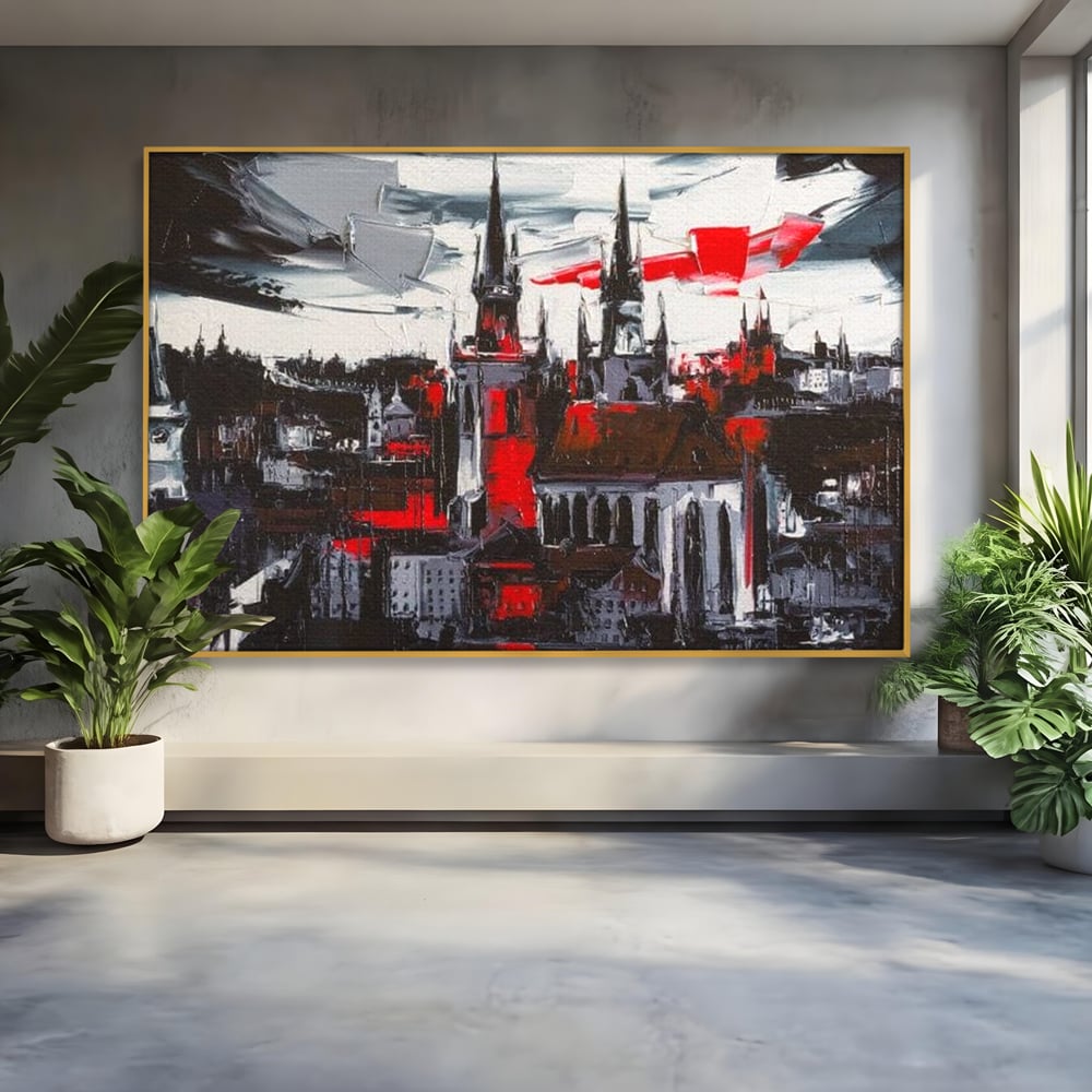 Tablou canvas cu pictura canvas cu turle gotice si accente rosii, in rama de aluminiu auriu
